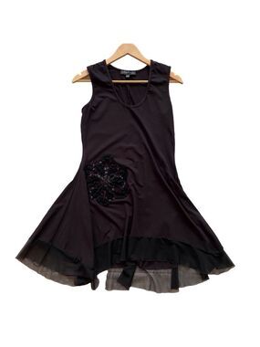 DINH BA little black dress sleeveless jersey mesh asymmetrical floral applique L